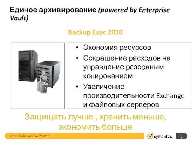 Backup Exec 2010 Экономия ресурсов Сокращение расходов на управление резервным копированием Увеличение