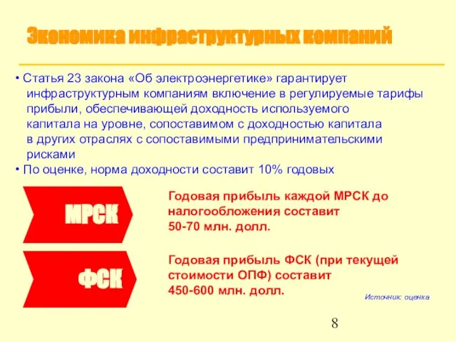 Экономика инфраструктурных компаний Статья 23 закона «Об электроэнергетике» гарантирует инфраструктурным компаниям включение