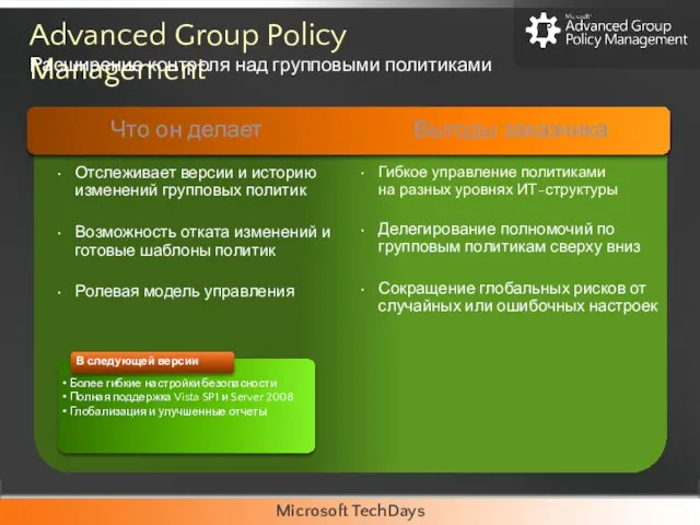 Advanced Group Policy Management Расширение контроля над групповыми политиками Гибкое управление политиками