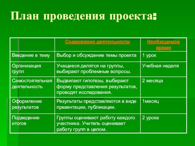 План проведения проекта: