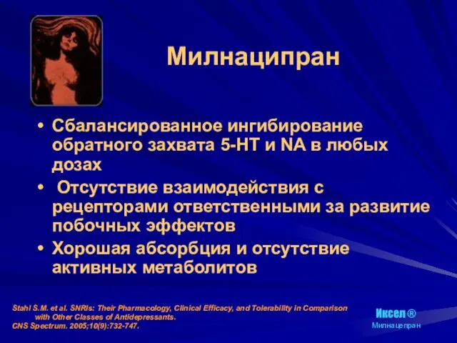 Милнаципран Сбалансированное ингибирование обратного захвата 5-HT и NA в любых дозах Отсутствие