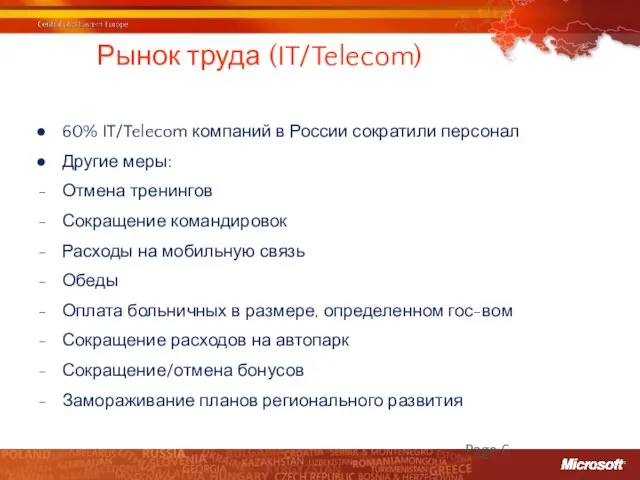 Рынок труда (IT/Telecom) 60% IT/Telecom компаний в России сократили персонал Другие меры: