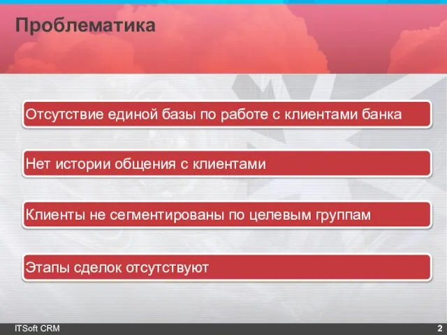 Проблематика ITSoft CRM Отсутствие единой базы по работе с клиентами банка Нет