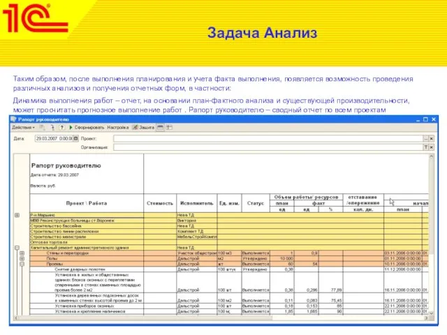 Задача Анализ Таким образом, после выполнения планирования и учета факта выполнения, появляется