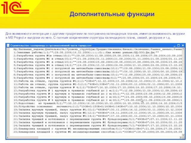 Дополнительные функции Для возможности интеграции с другими продуктами по построению календарных планов,