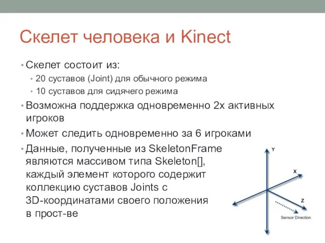 Скелет человека и Kinect Скелет состоит из: 20 суставов (Joint) для обычного