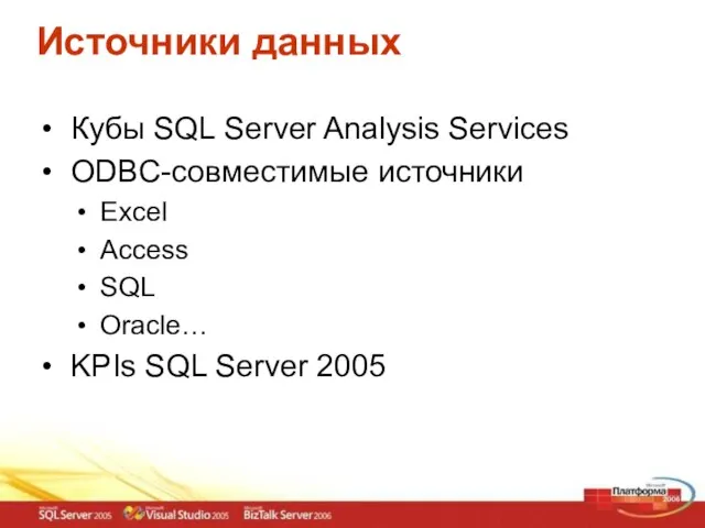 Источники данных Кубы SQL Server Analysis Services ODBC-совместимые источники Excel Access SQL