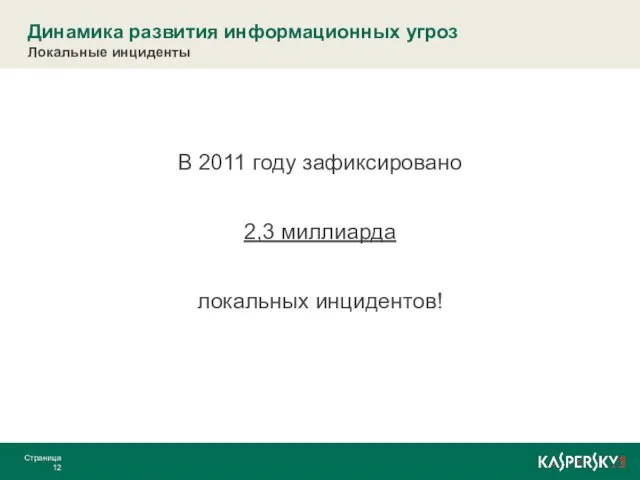 Динамика развития информационных угроз Локальные инциденты В 2011 году зафиксировано 2,3 миллиарда локальных инцидентов! Страница