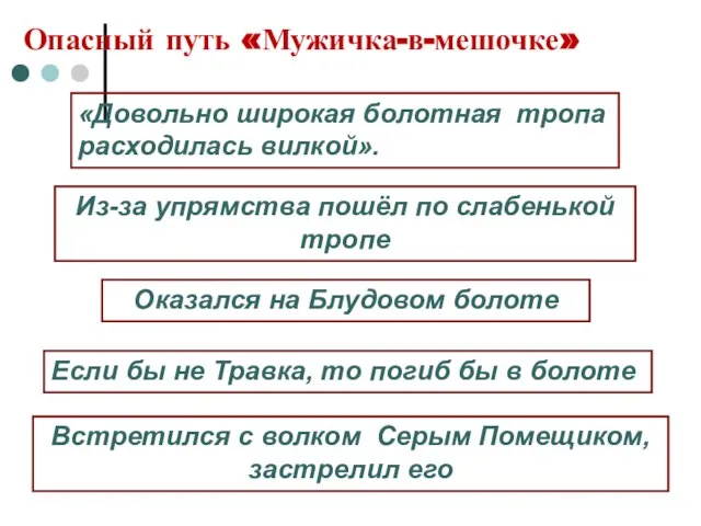 Опасный путь «Мужичка-в-мешочке» «Довольно широкая болотная тропа расходилась вилкой». Из-за упрямства пошёл