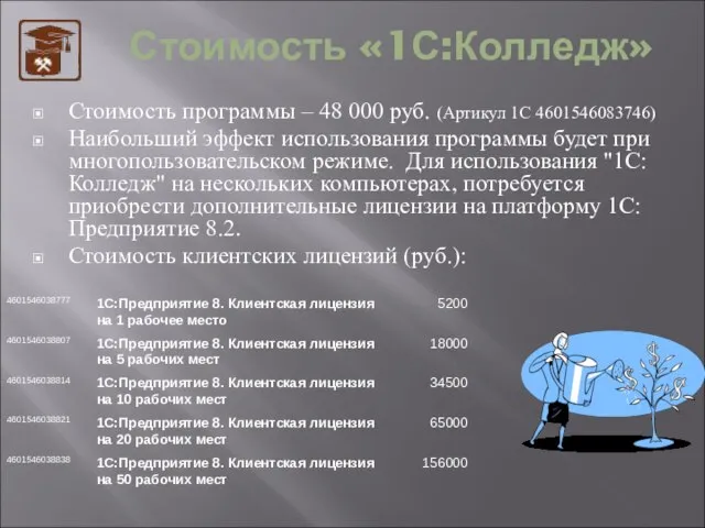 Стоимость «1С:Колледж» Стоимость программы – 48 000 руб. (Артикул 1С 4601546083746) Наибольший