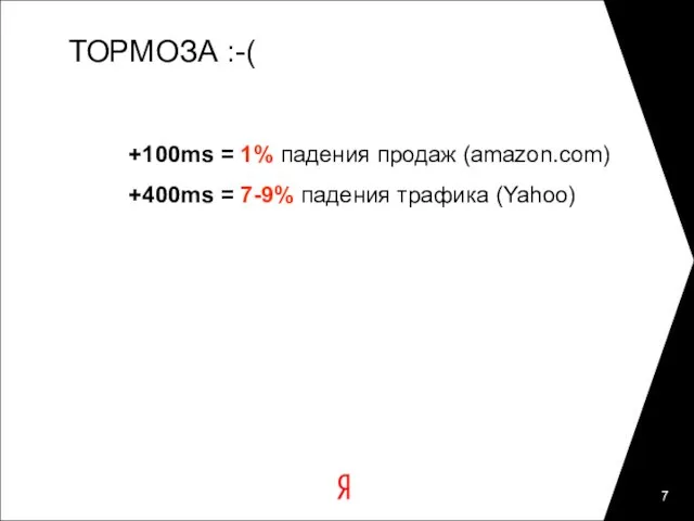 ТОРМОЗА :-( +100ms = 1% падения продаж (amazon.com) +400ms = 7-9% падения трафика (Yahoo)