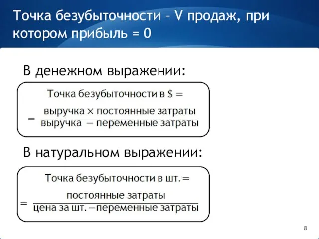 Точка безубыточности – V продаж, при котором прибыль = 0 В денежном выражении: В натуральном выражении: