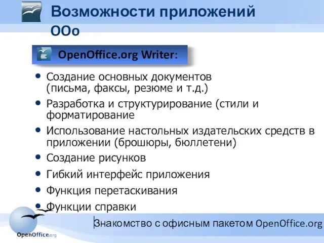 OpenOffice.org Writer: Создание основных документов (письма, факсы, резюме и т.д.) Разработка и