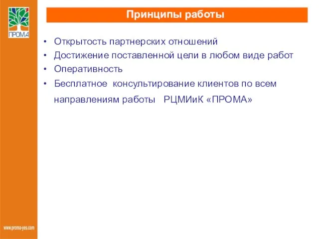 Принципы работы Открытость партнерских отношений Достижение поставленной цели в любом виде работ