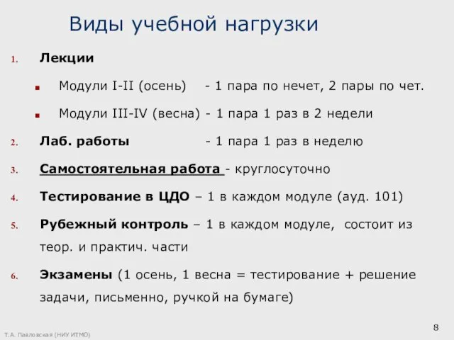 Т.А. Павловская (НИУ ИТМО) Виды учебной нагрузки Лекции Модули I-II (осень) -