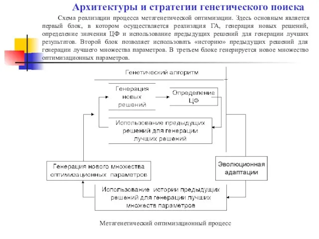 Метагенетический оптимизационный процесс Схема реализации процесса метагенетической оптимизации. Здесь основным является первый