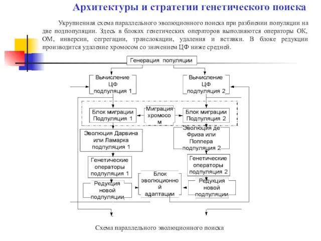 Схема параллельного эволюционного поиска Укрупненная схема параллельного эволюционного поиска при разбиении популяции