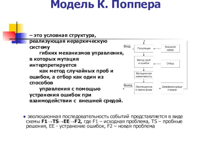 Модель К. Поппера эволюционная последовательность событий представляется в виде схемы F1→TS→ΕΕ→F2, где