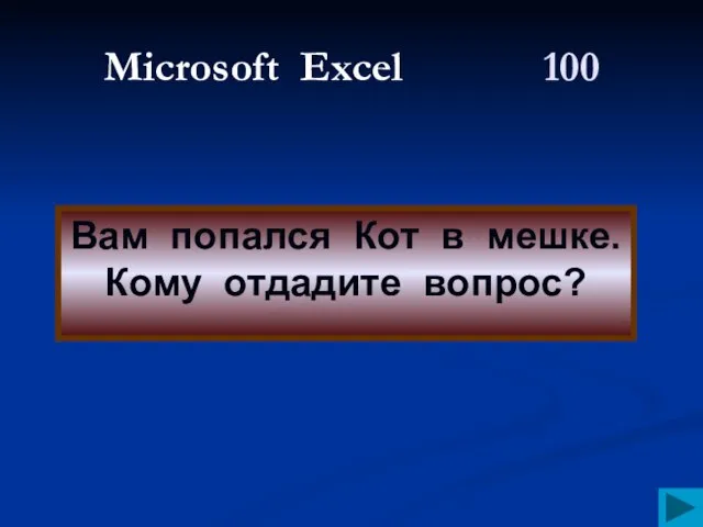 Microsoft Excel 100 Вам попался Кот в мешке. Кому отдадите вопрос?