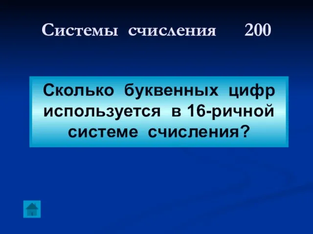 Системы счисления 200 Сколько буквенных цифр используется в 16-ричной системе счисления?