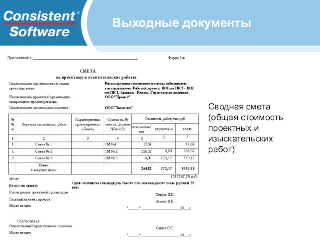 Выходные документы Сводная смета (общая стоимость проектных и изыскательских работ)