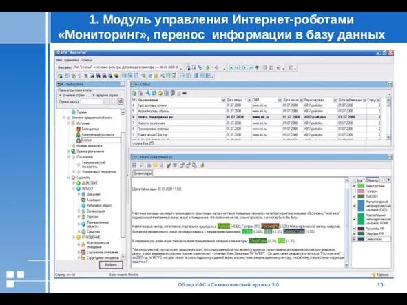 Обзор ИАС «Семантический архив» 3.0 1. Модуль управления Интернет-роботами «Мониторинг», перенос информации в базу данных