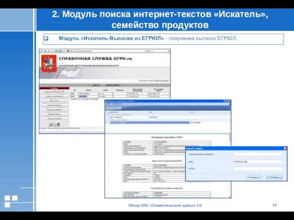 Обзор ИАС «Семантический архив» 3.0 2. Модуль поиска интернет-текстов «Искатель», семейство продуктов