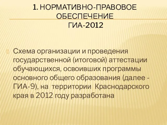 1. НОРМАТИВНО-ПРАВОВОЕ ОБЕСПЕЧЕНИЕ ГИА-2012 Схема организации и проведения государственной (итоговой) аттестации обучающихся,