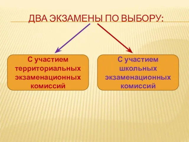 ДВА ЭКЗАМЕНЫ ПО ВЫБОРУ: С участием территориальных экзаменационных комиссий С участием школьных экзаменационных комиссий