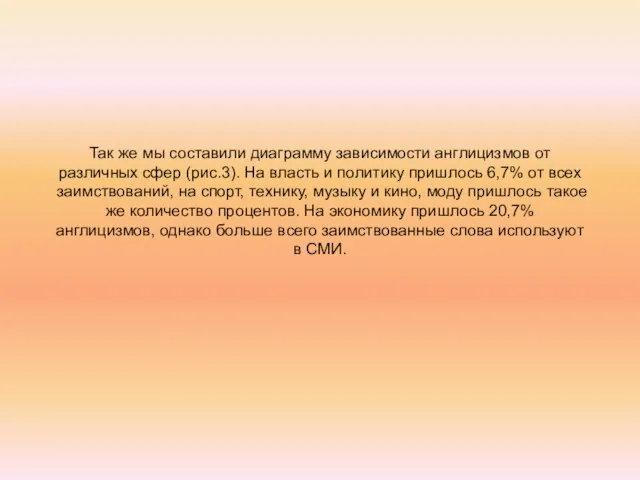 Так же мы составили диаграмму зависимости англицизмов от различных сфер (рис.3). На