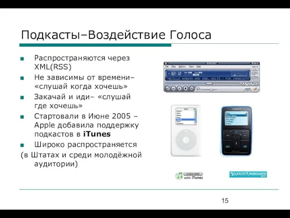 Подкасты–Воздействие Голоса Распространяются через XML(RSS) Не зависимы от времени– «слушай когда хочешь»