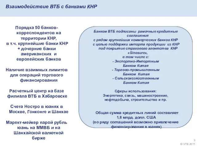 Взаимодействие ВТБ с банками КНР Банком ВТБ подписаны рамочные кредитные соглашения с