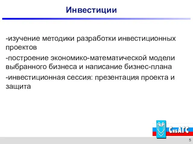 Инвестиции -изучение методики разработки инвестиционных проектов -построение экономико-математической модели выбранного бизнеса и