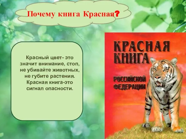 Красный цвет- это значит внимание, стоп, не убивайте животных, не губите растения.