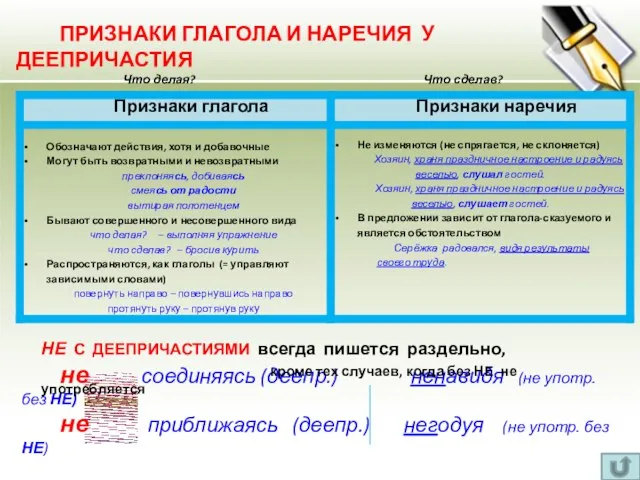 ПРИЗНАКИ ГЛАГОЛА И НАРЕЧИЯ У ДЕЕПРИЧАСТИЯ Что делая? Что сделав? не соединяясь