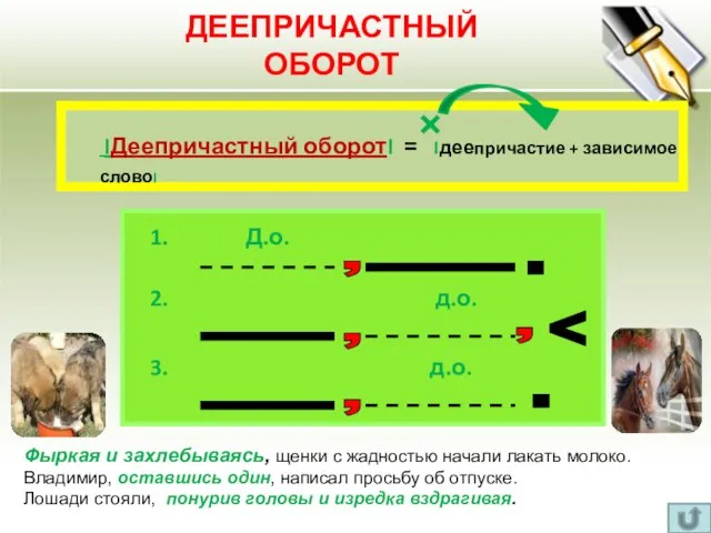 , . , , , . ДЕЕПРИЧАСТНЫЙ ОБОРОТ Фыркая и захлебываясь, щенки