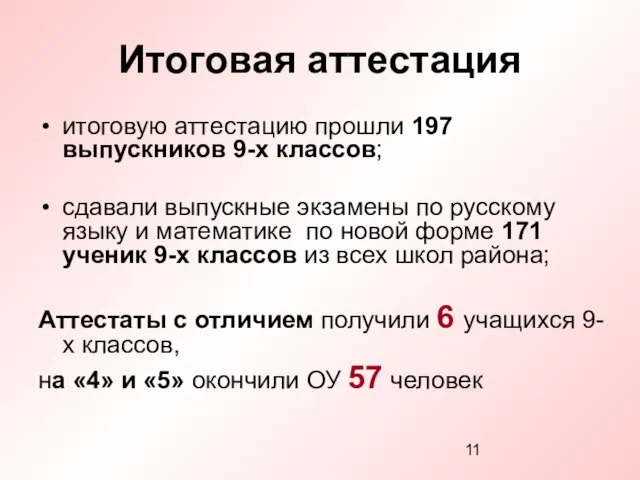 Итоговая аттестация итоговую аттестацию прошли 197 выпускников 9-х классов; сдавали выпускные экзамены