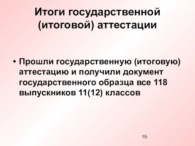 Итоги государственной (итоговой) аттестации Прошли государственную (итоговую) аттестацию и получили документ государственного