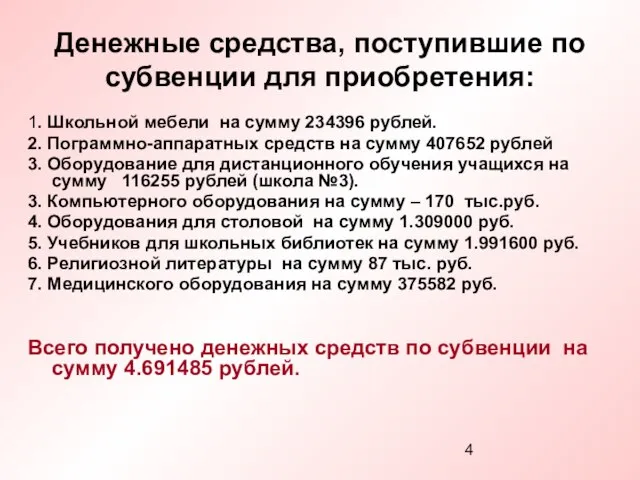 Денежные средства, поступившие по субвенции для приобретения: 1. Школьной мебели на сумму