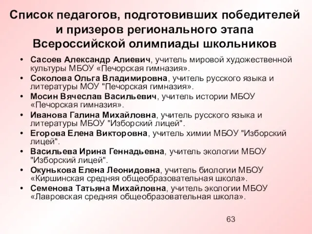 Список педагогов, подготовивших победителей и призеров регионального этапа Всероссийской олимпиады школьников Сасоев