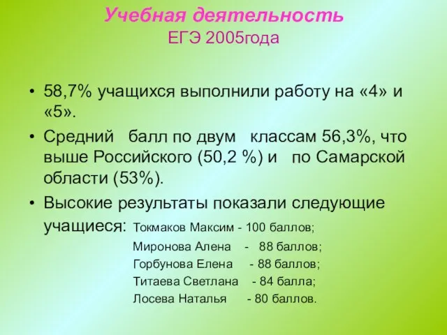 Учебная деятельность ЕГЭ 2005года 58,7% учащихся выполнили работу на «4» и «5».