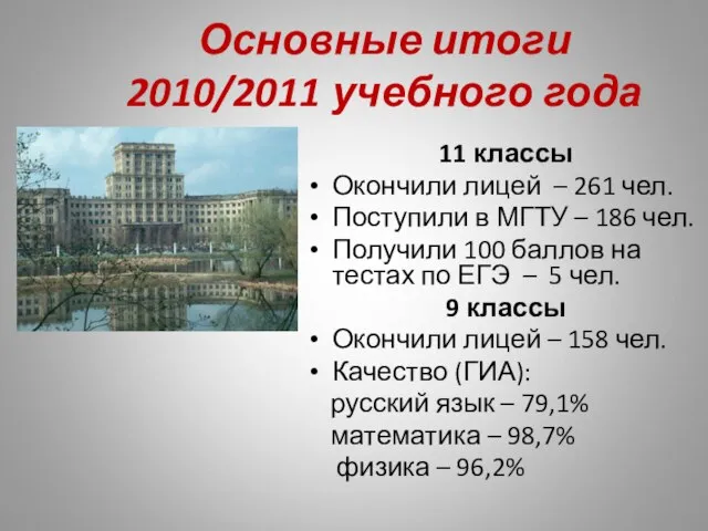 Основные итоги 2010/2011 учебного года 11 классы Окончили лицей – 261 чел.