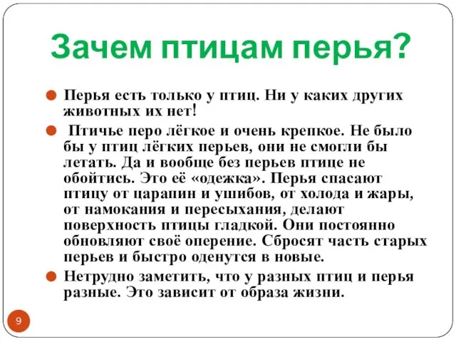 Зачем птицам перья? Перья есть только у птиц. Ни у каких других