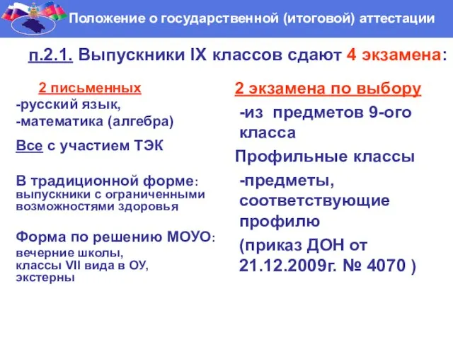 п.2.1. Выпускники IX классов сдают 4 экзамена: 2 письменных -русский язык, -математика