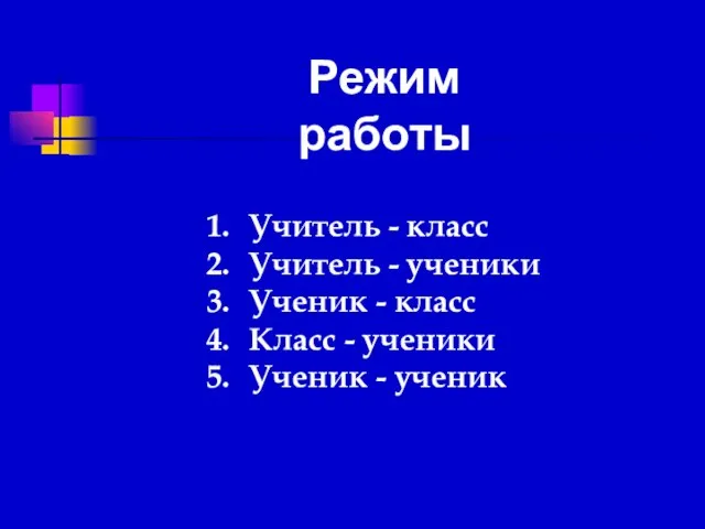 Режим работы Учитель - класс Учитель - ученики Ученик - класс Класс