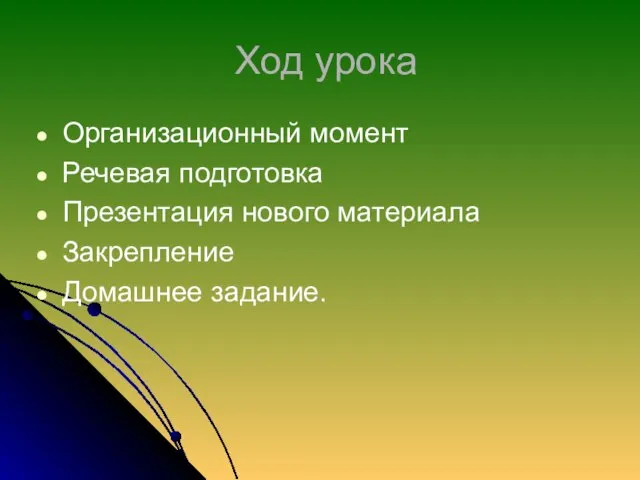 Ход урока Организационный момент Речевая подготовка Презентация нового материала Закрепление Домашнее задание.