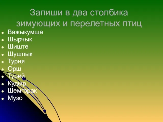 Запиши в два столбика зимующих и перелетных птиц Важыкумша Шырчык Шиште Шушпык