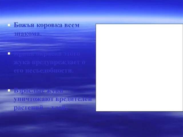 Божья коровка всем знакома. Яркая окраска этого жука предупреждает о его несъедобности.