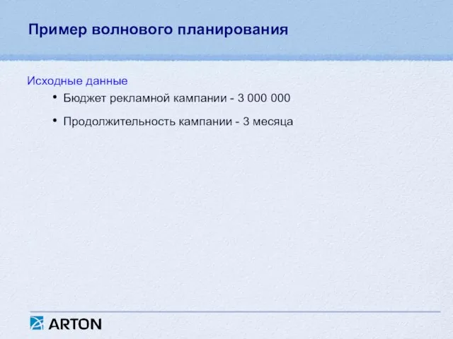 Пример волнового планирования Бюджет рекламной кампании - 3 000 000 Продолжительность кампании