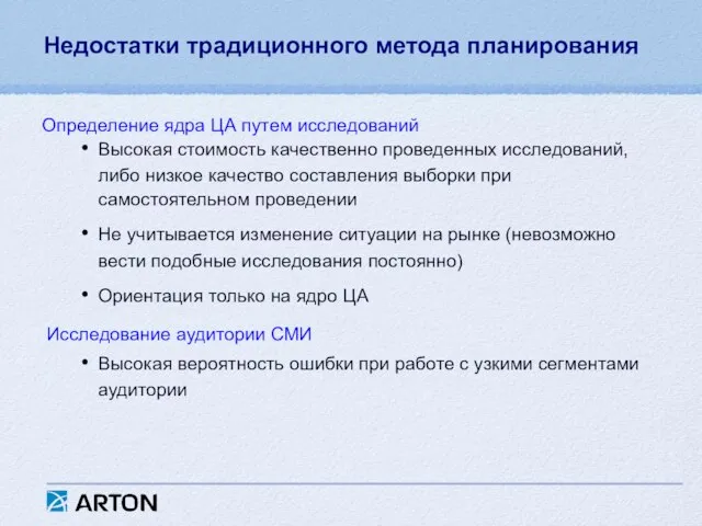 Недостатки традиционного метода планирования Высокая стоимость качественно проведенных исследований, либо низкое качество